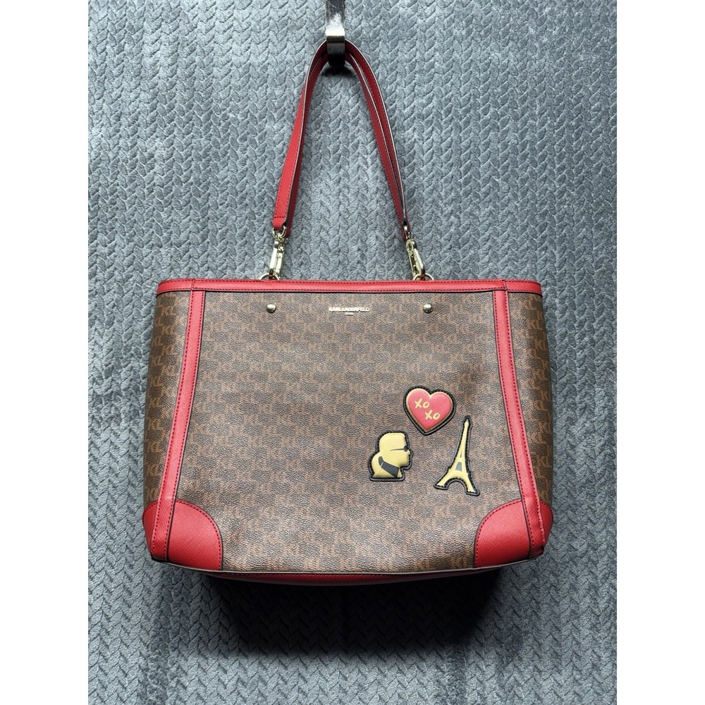 Karl‎ Lagerfeld Paris Brown Monogram Tote Shoulder Bag Red Trim Patches Adele